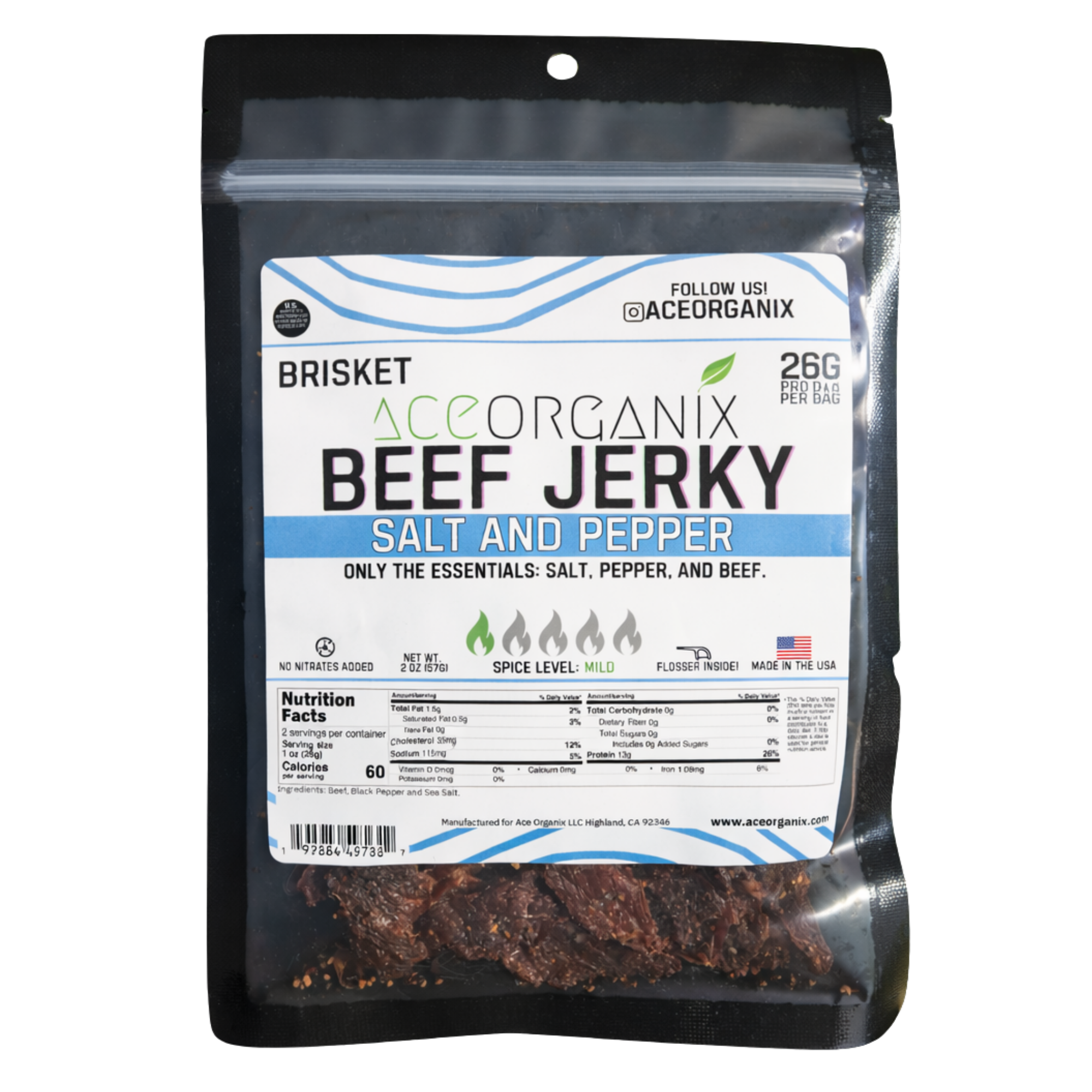 Ace Organix Salt and Pepper Brisket Beef Jerky 2oz bag