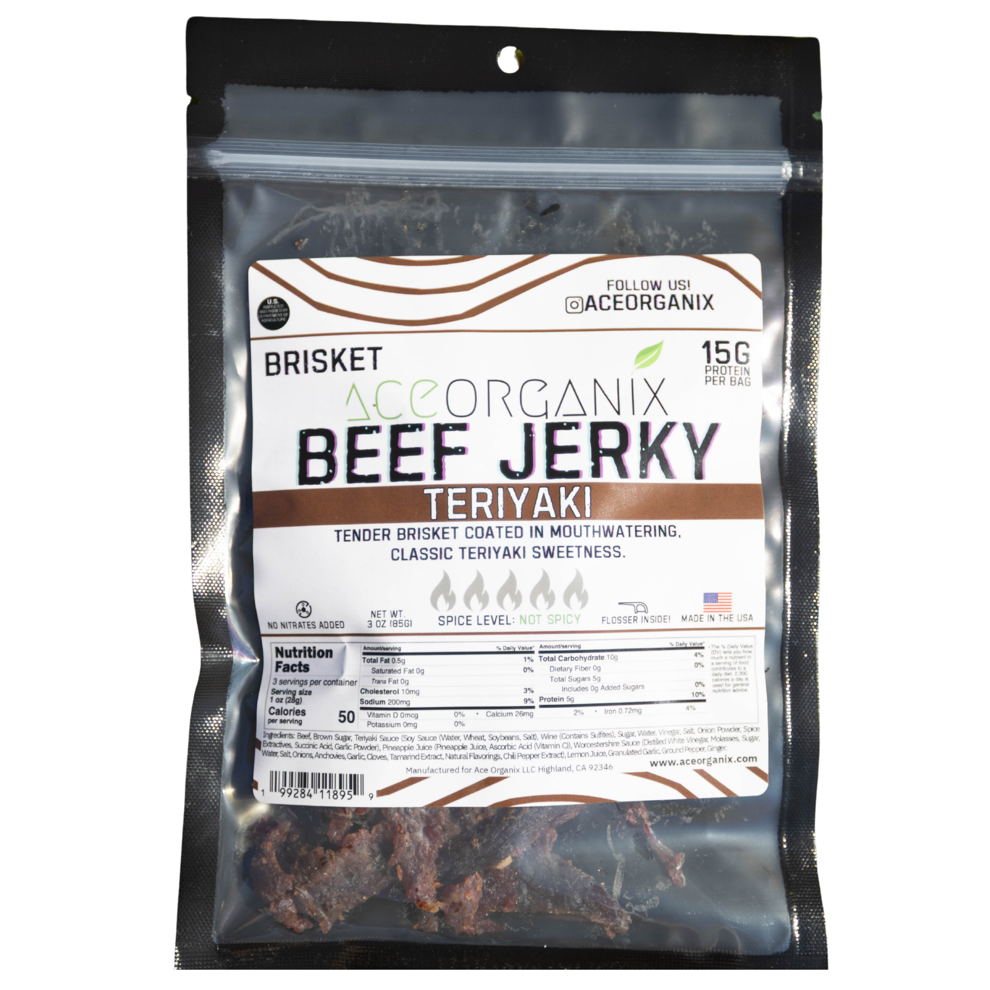 Ace Organix Teriyaki Brisket Beef Jerky 3oz bag