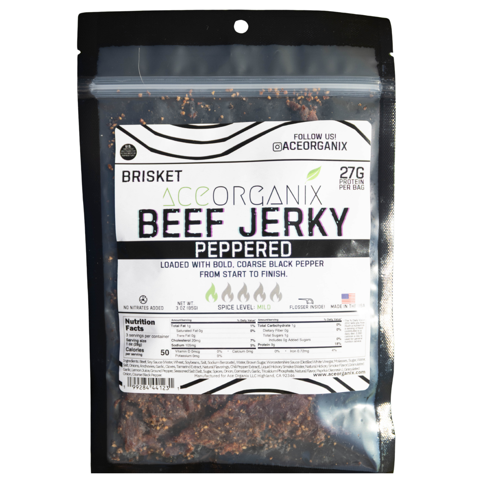 Ace Organix Peppered Brisket Beef Jerky 3oz bag