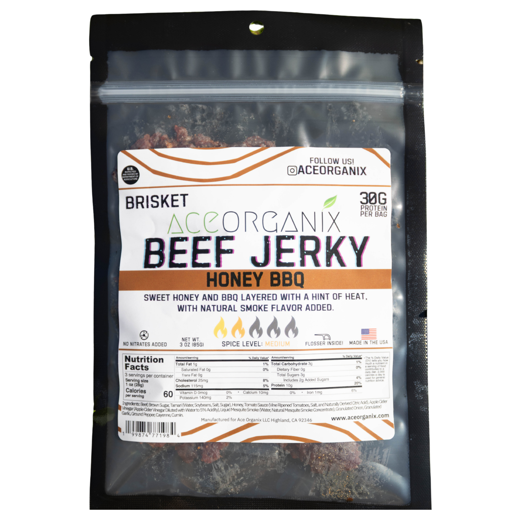 Ace Organix Honey BBQ Brisket Beef Jerky 3oz bag