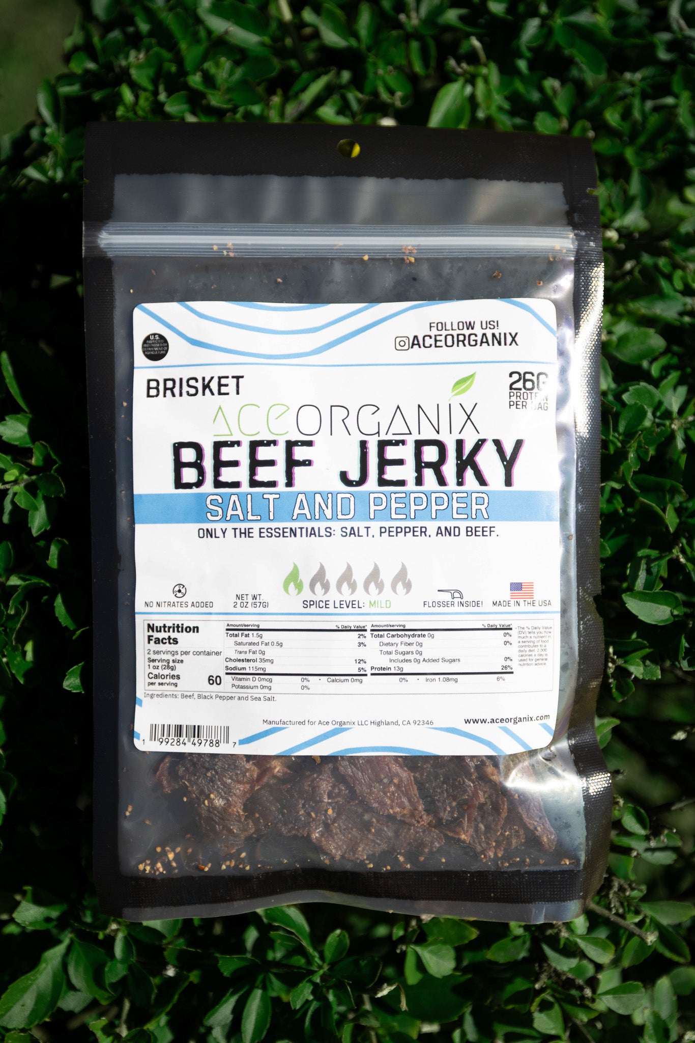 Ace Organix Salt and Pepper brisket beef jerky product photography