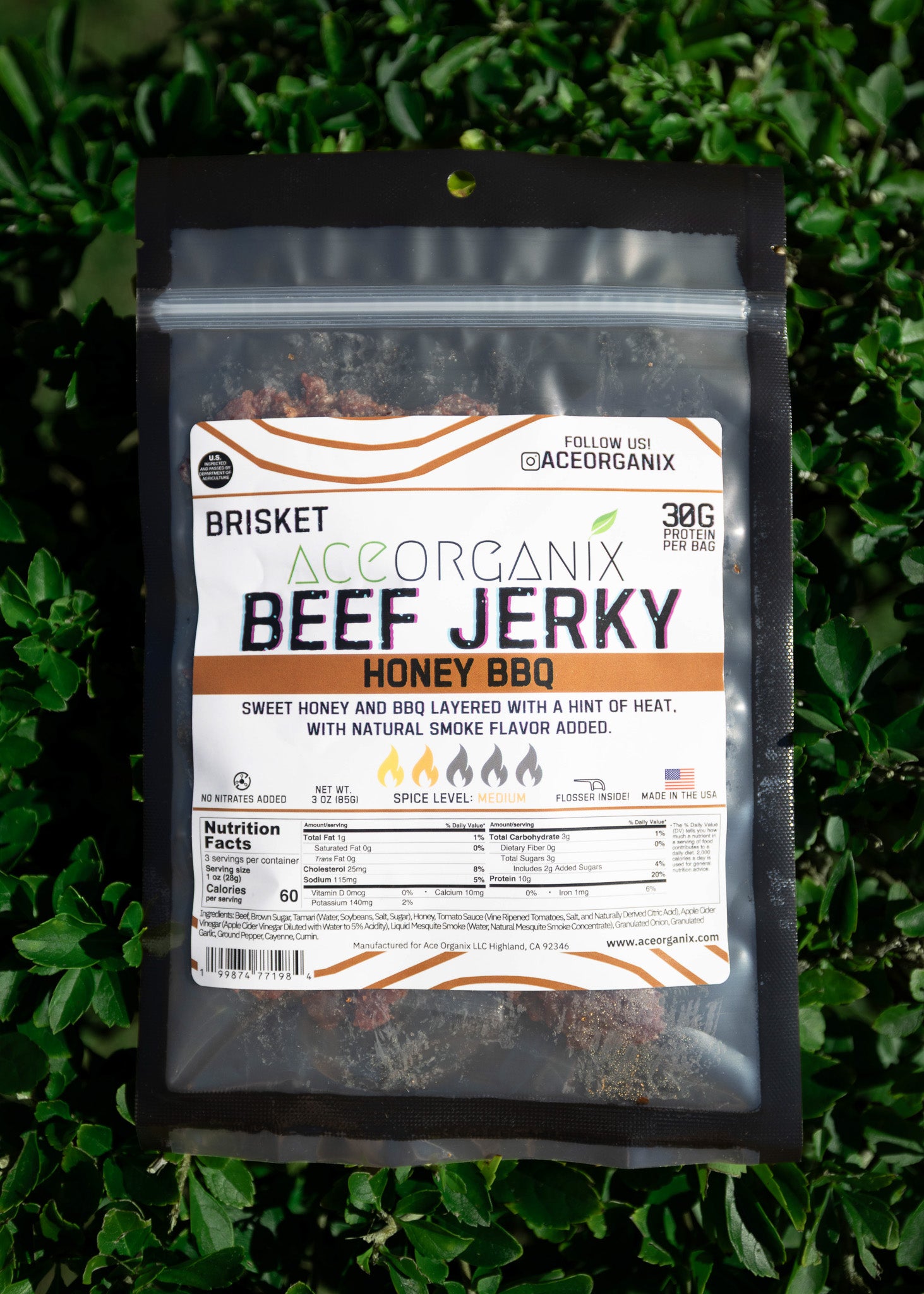 Ace Organix Honey BBQ brisket beef jerky product photography