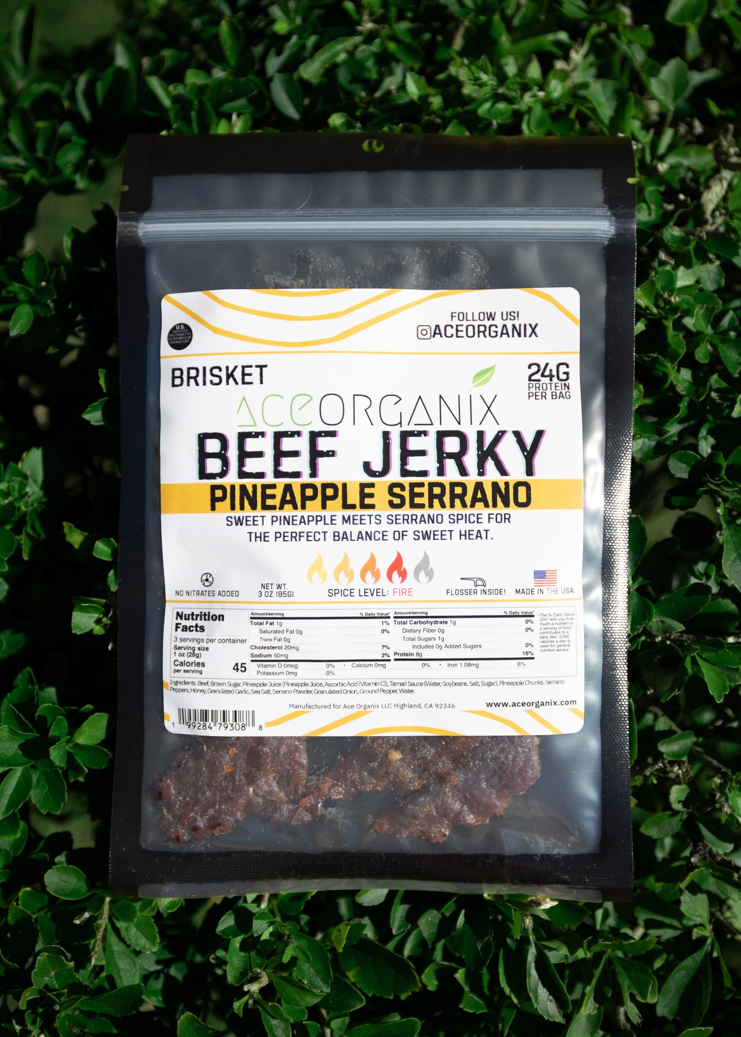 Ace Organix Pineapple Serrano spicy brisket beef jerky close-up