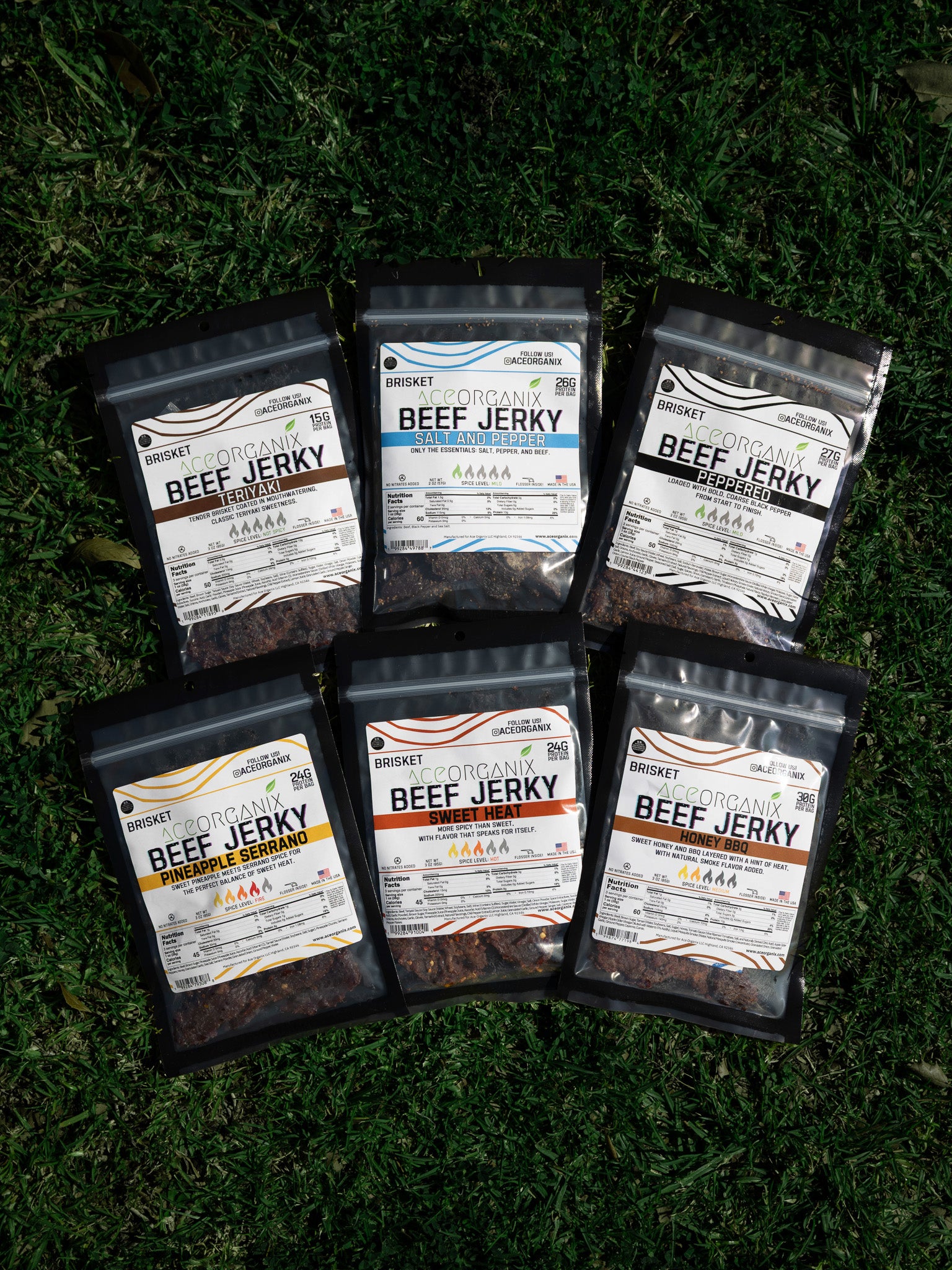 Ace Organix premium brisket beef jerky all flavors lineup made in USA