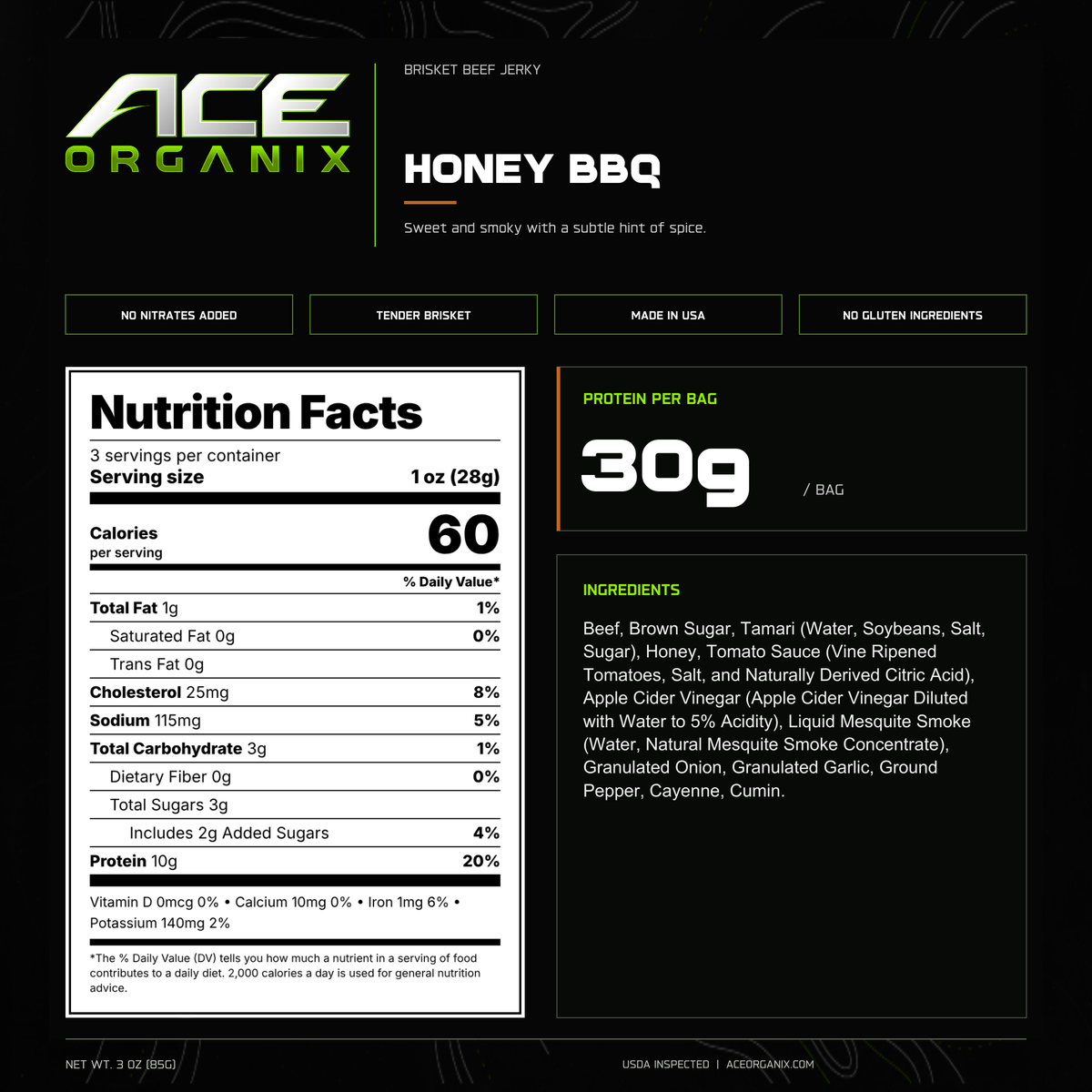 Ace Organix Honey BBQ brisket beef jerky nutrition facts and ingredients