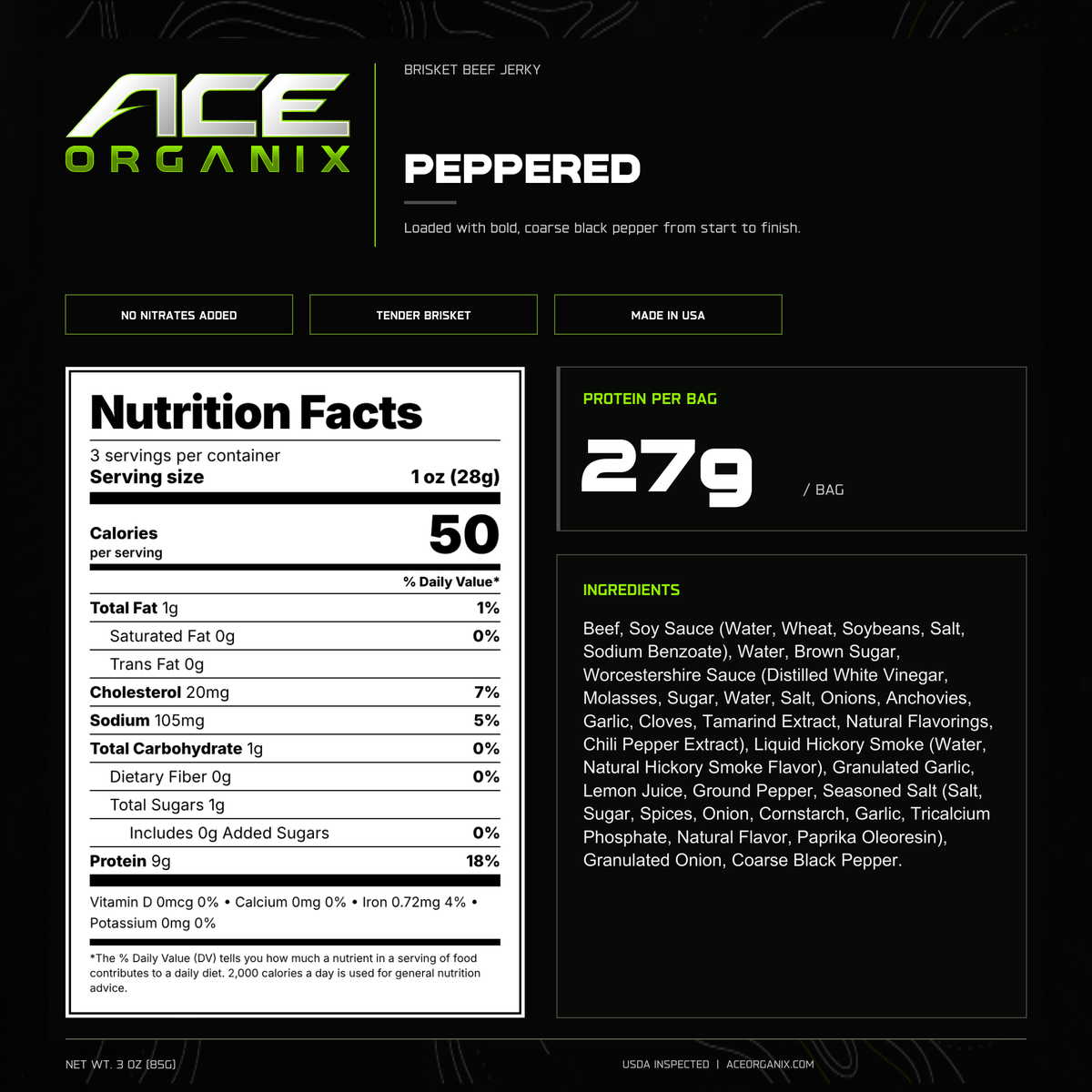 Ace Organix Peppered brisket beef jerky nutrition facts and ingredients