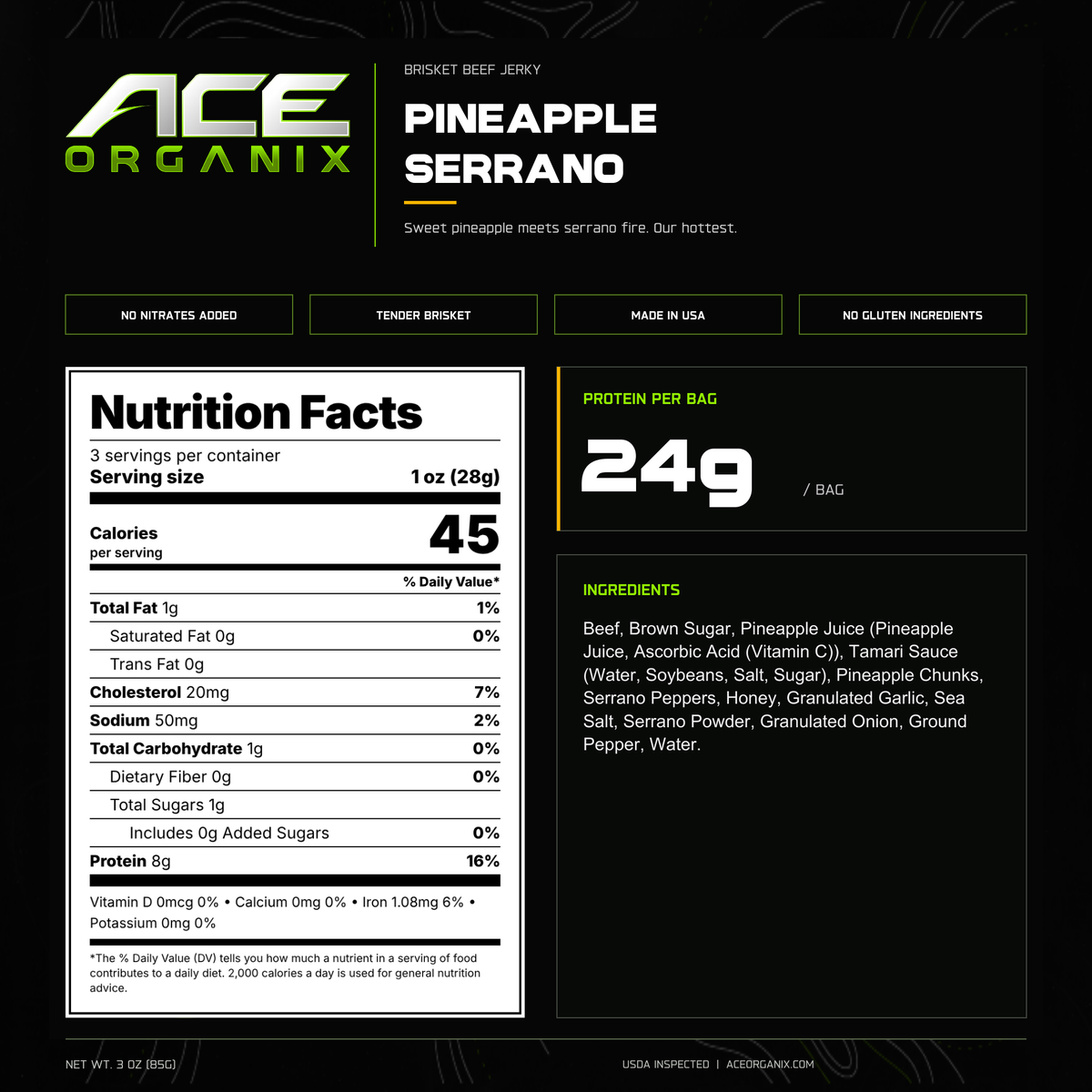 Ace Organix Pineapple Serrano brisket beef jerky nutrition facts and ingredients