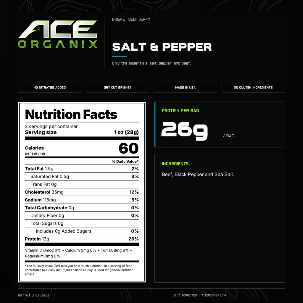 Ace Organix Salt and Pepper brisket beef jerky nutrition facts and ingredients