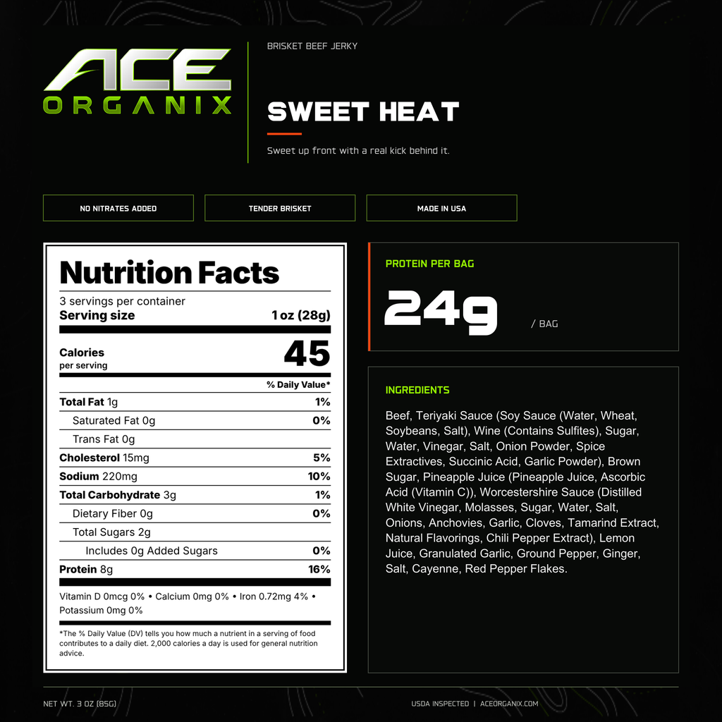Ace Organix Sweet Heat brisket beef jerky nutrition facts and ingredients