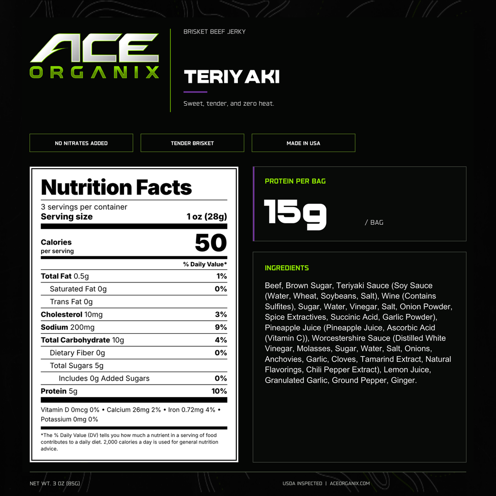 Ace Organix Teriyaki brisket beef jerky nutrition facts and ingredients