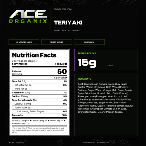 Ace Organix Teriyaki brisket beef jerky nutrition facts and ingredients